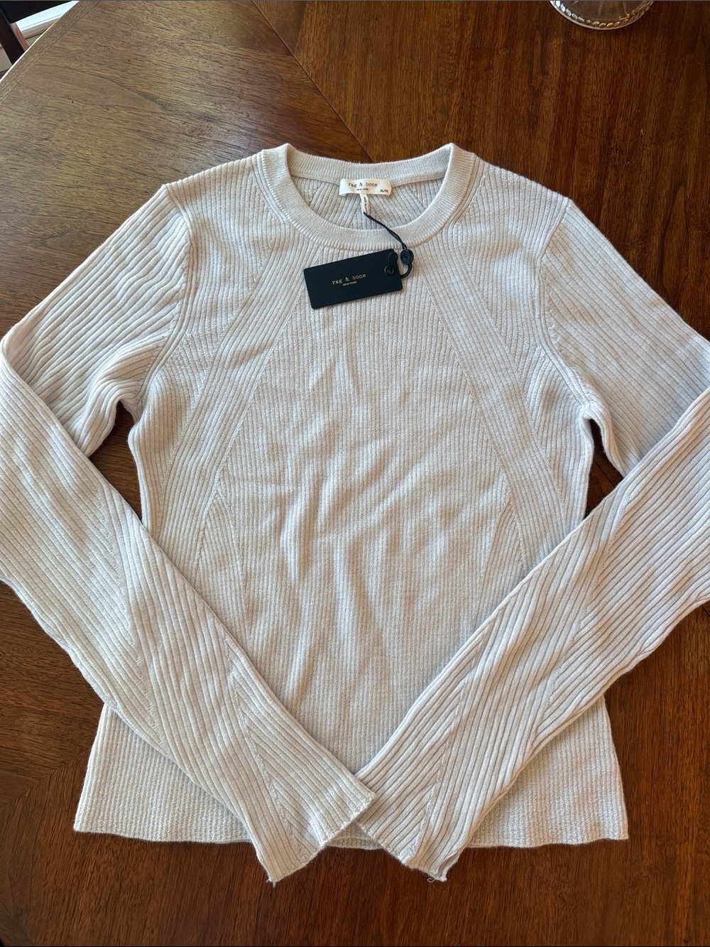 NWT rag & bone Emily Wool Crew Soft Ribbed Crewneck Sweater in Ivory size XL